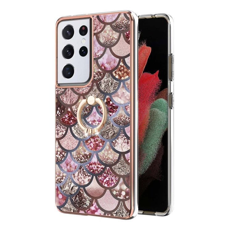 Electroplating Pattern IMD TPU Shockproof Case with Rhinestone Ring Holder, For Samsung Galaxy S21 Ultra 5G, For Samsung Galaxy S21+ 5G