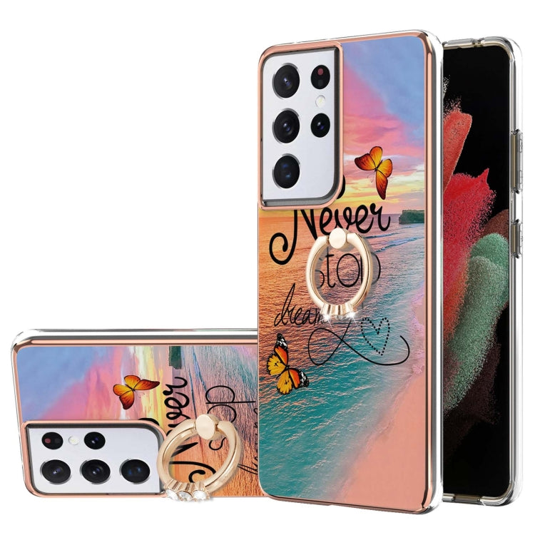 Electroplating Pattern IMD TPU Shockproof Case with Rhinestone Ring Holder, For Samsung Galaxy S21 Ultra 5G, For Samsung Galaxy S21+ 5G