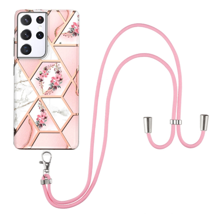 Electroplating Splicing Marble Flower Pattern TPU Shockproof Case with Lanyard, For Samsung Galaxy S21 Ultra 5G, For Samsung Galaxy S21+ 5G, For Samsung Galaxy S21 5G, For Samsung Galaxy S21 FE 5G, For Samsung Galaxy S20 Ultra, For Samsung Galaxy S20+ ...
