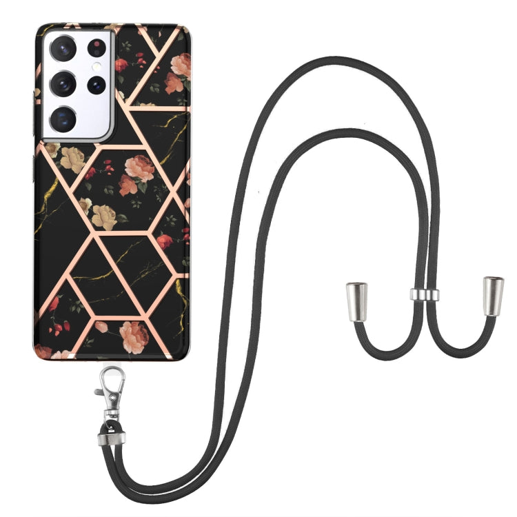 Electroplating Splicing Marble Flower Pattern TPU Shockproof Case with Lanyard, For Samsung Galaxy S21 Ultra 5G, For Samsung Galaxy S21+ 5G, For Samsung Galaxy S21 5G, For Samsung Galaxy S21 FE 5G, For Samsung Galaxy S20 Ultra, For Samsung Galaxy S20+ ...