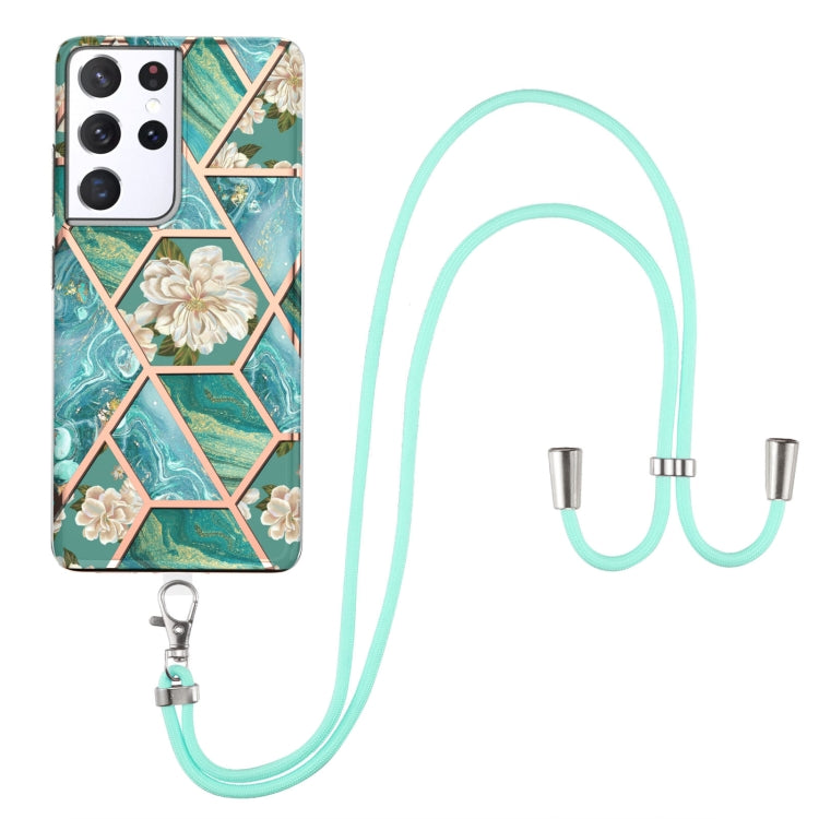 Electroplating Splicing Marble Flower Pattern TPU Shockproof Case with Lanyard, For Samsung Galaxy S21 Ultra 5G, For Samsung Galaxy S21+ 5G, For Samsung Galaxy S21 5G, For Samsung Galaxy S21 FE 5G, For Samsung Galaxy S20 Ultra, For Samsung Galaxy S20+ ...