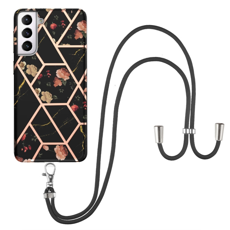 Electroplating Splicing Marble Flower Pattern TPU Shockproof Case with Lanyard, For Samsung Galaxy S21 Ultra 5G, For Samsung Galaxy S21+ 5G, For Samsung Galaxy S21 5G, For Samsung Galaxy S21 FE 5G, For Samsung Galaxy S20 Ultra, For Samsung Galaxy S20+ ...