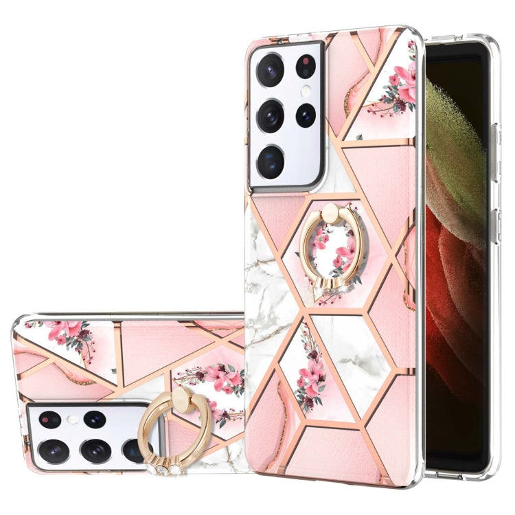 Electroplating Splicing Marble Flower Pattern TPU Shockproof Case with Rhinestone Ring Holder, For Samsung Galaxy S21  5G, For Samsung Galaxy S21+  5G, For Samsung Galaxy S21 Ultra 5G, For Samsung Galaxy S21 FE, For Samsung Galaxy S20                  ...