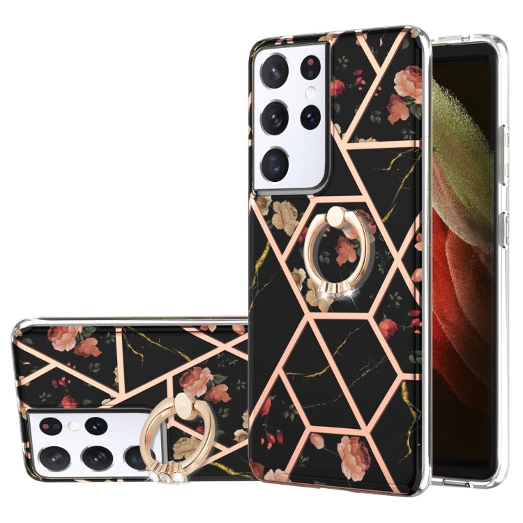 Electroplating Splicing Marble Flower Pattern TPU Shockproof Case with Rhinestone Ring Holder, For Samsung Galaxy S21  5G, For Samsung Galaxy S21+  5G, For Samsung Galaxy S21 Ultra 5G, For Samsung Galaxy S21 FE, For Samsung Galaxy S20                  ...