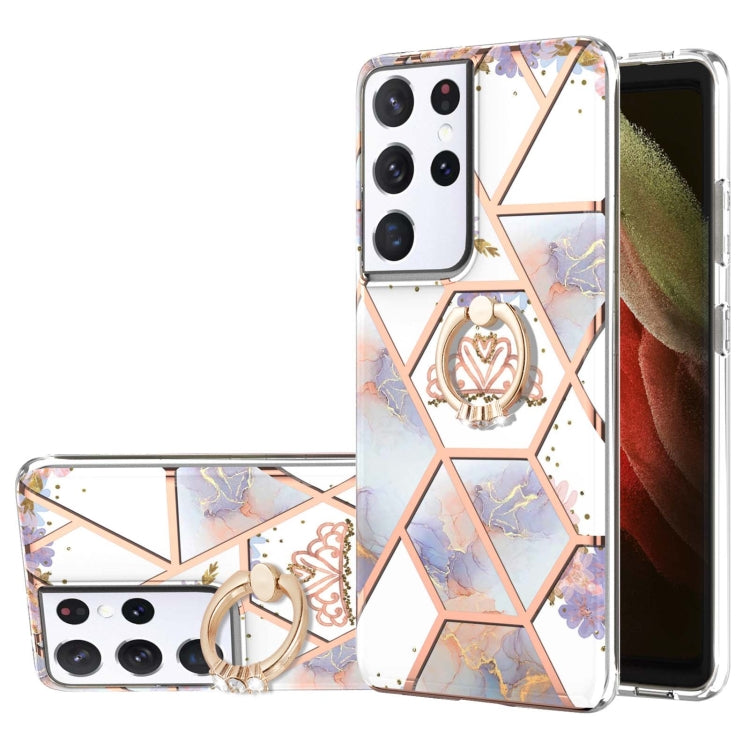 Electroplating Splicing Marble Flower Pattern TPU Shockproof Case with Rhinestone Ring Holder, For Samsung Galaxy S21  5G, For Samsung Galaxy S21+  5G, For Samsung Galaxy S21 Ultra 5G, For Samsung Galaxy S21 FE, For Samsung Galaxy S20                  ...
