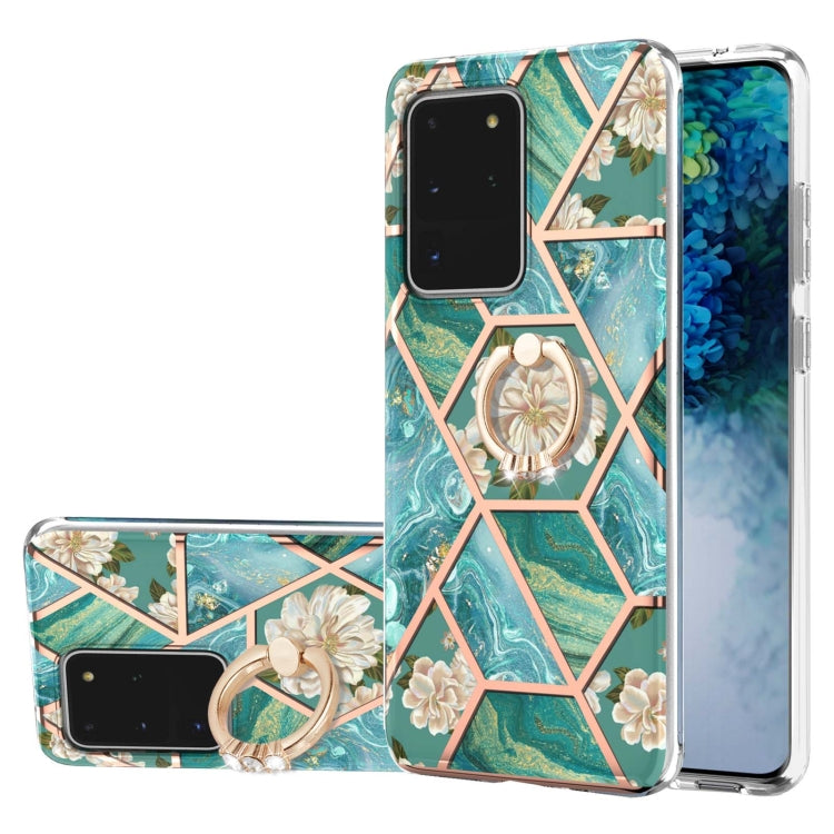 Electroplating Splicing Marble Flower Pattern TPU Shockproof Case with Rhinestone Ring Holder, For Samsung Galaxy S21  5G, For Samsung Galaxy S21+  5G, For Samsung Galaxy S21 Ultra 5G, For Samsung Galaxy S21 FE, For Samsung Galaxy S20                  ...