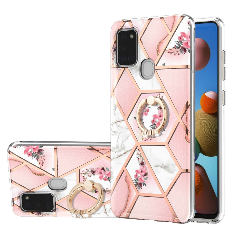 Electroplating Splicing Marble Flower Pattern TPU Shockproof Case with Rhinestone Ring Holder, For Samsung Galaxy A02s 164mm, For Samsung Galaxy A02S 166mm, For Samsung Galaxy A12 5G/F12/M12, For Samsung Galaxy A21s, For Samsung Galaxy A22 4G EU Versio...