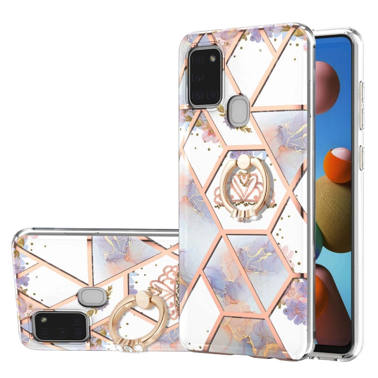 Electroplating Splicing Marble Flower Pattern TPU Shockproof Case with Rhinestone Ring Holder, For Samsung Galaxy A02s 164mm, For Samsung Galaxy A02S 166mm, For Samsung Galaxy A12 5G/F12/M12, For Samsung Galaxy A21s, For Samsung Galaxy A22 4G EU Versio...