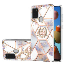 Load image into Gallery viewer, Electroplating Splicing Marble Flower Pattern TPU Shockproof Case with Rhinestone Ring Holder, For Samsung Galaxy A02s 164mm, For Samsung Galaxy A02S 166mm, For Samsung Galaxy A12 5G/F12/M12, For Samsung Galaxy A21s, For Samsung Galaxy A22 4G EU Versio...