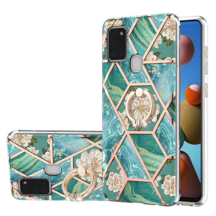 Electroplating Splicing Marble Flower Pattern TPU Shockproof Case with Rhinestone Ring Holder, For Samsung Galaxy A02s 164mm, For Samsung Galaxy A02S 166mm, For Samsung Galaxy A12 5G/F12/M12, For Samsung Galaxy A21s, For Samsung Galaxy A22 4G EU Versio...
