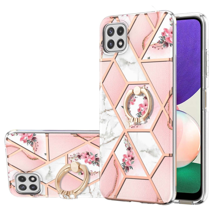 Electroplating Splicing Marble Flower Pattern TPU Shockproof Case with Rhinestone Ring Holder, For Samsung Galaxy A02s 164mm, For Samsung Galaxy A02S 166mm, For Samsung Galaxy A12 5G/F12/M12, For Samsung Galaxy A21s, For Samsung Galaxy A22 4G EU Versio...