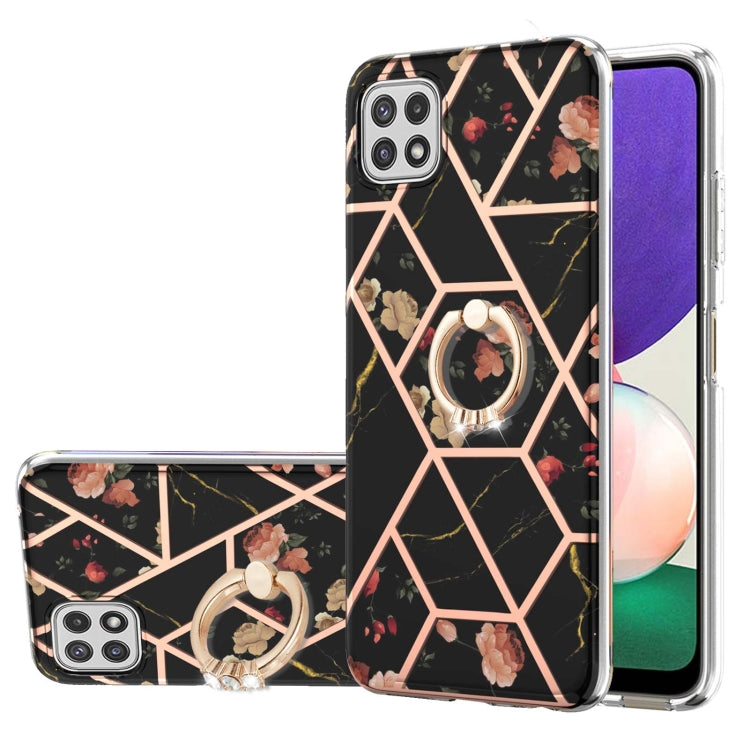 Electroplating Splicing Marble Flower Pattern TPU Shockproof Case with Rhinestone Ring Holder, For Samsung Galaxy A02s 164mm, For Samsung Galaxy A02S 166mm, For Samsung Galaxy A12 5G/F12/M12, For Samsung Galaxy A21s, For Samsung Galaxy A22 4G EU Versio...