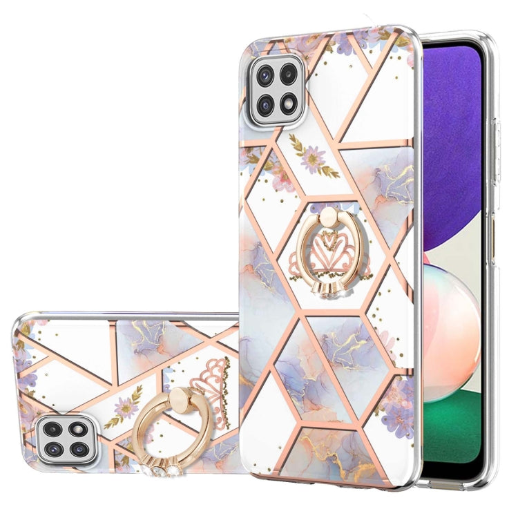 Electroplating Splicing Marble Flower Pattern TPU Shockproof Case with Rhinestone Ring Holder, For Samsung Galaxy A02s 164mm, For Samsung Galaxy A02S 166mm, For Samsung Galaxy A12 5G/F12/M12, For Samsung Galaxy A21s, For Samsung Galaxy A22 4G EU Versio...