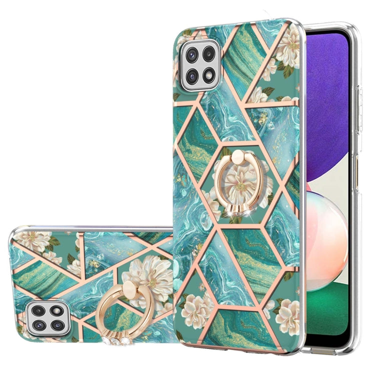 Electroplating Splicing Marble Flower Pattern TPU Shockproof Case with Rhinestone Ring Holder, For Samsung Galaxy A02s 164mm, For Samsung Galaxy A02S 166mm, For Samsung Galaxy A12 5G/F12/M12, For Samsung Galaxy A21s, For Samsung Galaxy A22 4G EU Versio...