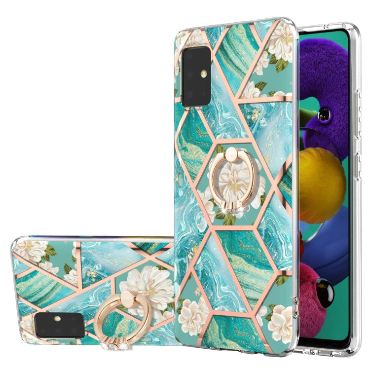 Electroplating Splicing Marble Flower Pattern TPU Shockproof Case with Rhinestone Ring Holder, For Samsung Galaxy A02s 164mm, For Samsung Galaxy A02S 166mm, For Samsung Galaxy A12 5G/F12/M12, For Samsung Galaxy A21s, For Samsung Galaxy A22 4G EU Versio...