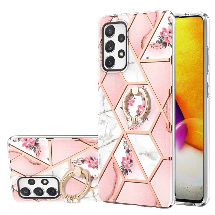 Electroplating Splicing Marble Flower Pattern TPU Shockproof Case with Rhinestone Ring Holder, For Samsung Galaxy A02s 164mm, For Samsung Galaxy A02S 166mm, For Samsung Galaxy A12 5G/F12/M12, For Samsung Galaxy A21s, For Samsung Galaxy A22 4G EU Versio...