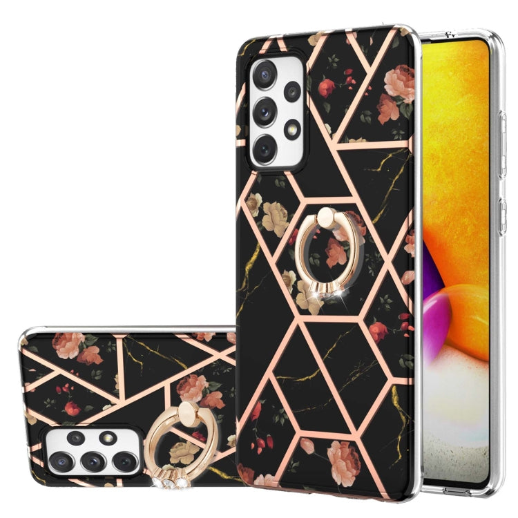 Electroplating Splicing Marble Flower Pattern TPU Shockproof Case with Rhinestone Ring Holder, For Samsung Galaxy A02s 164mm, For Samsung Galaxy A02S 166mm, For Samsung Galaxy A12 5G/F12/M12, For Samsung Galaxy A21s, For Samsung Galaxy A22 4G EU Versio...