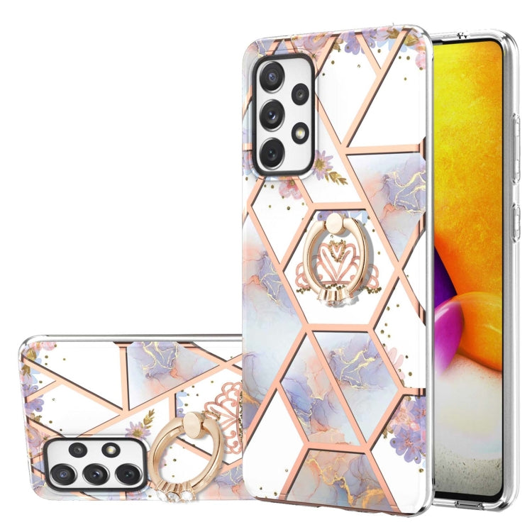 Electroplating Splicing Marble Flower Pattern TPU Shockproof Case with Rhinestone Ring Holder, For Samsung Galaxy A02s 164mm, For Samsung Galaxy A02S 166mm, For Samsung Galaxy A12 5G/F12/M12, For Samsung Galaxy A21s, For Samsung Galaxy A22 4G EU Versio...