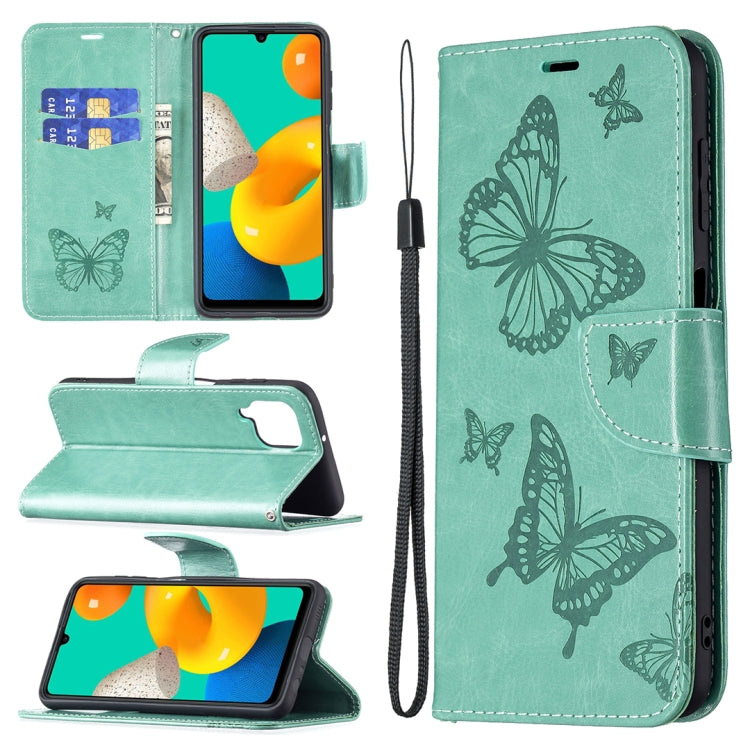 Embossing Two Butterflies Pattern Horizontal Flip PU Leather Case with Holder & Card Slot & Wallet & Lanyard, For Samsung Galaxy M32