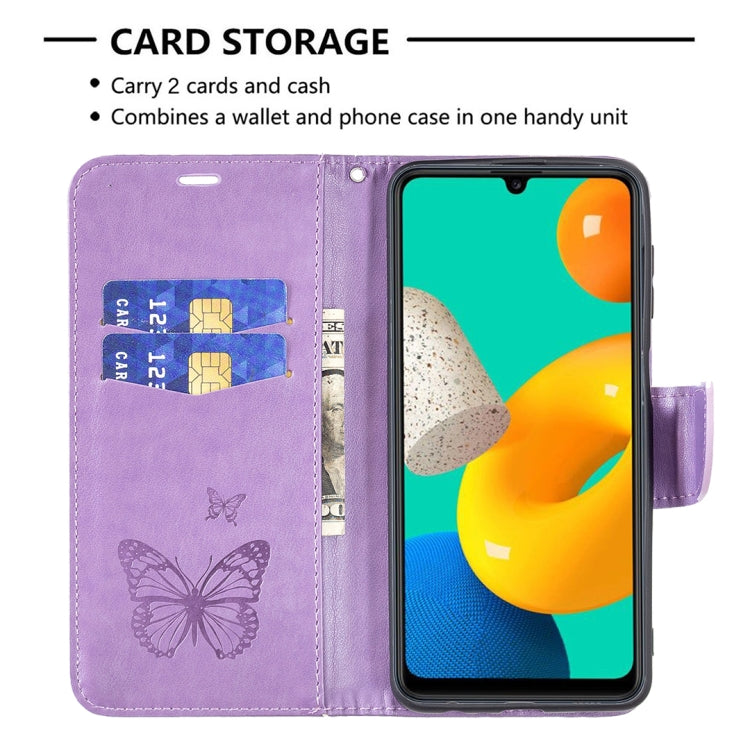 Embossing Two Butterflies Pattern Horizontal Flip PU Leather Case with Holder & Card Slot & Wallet & Lanyard, For Samsung Galaxy M32