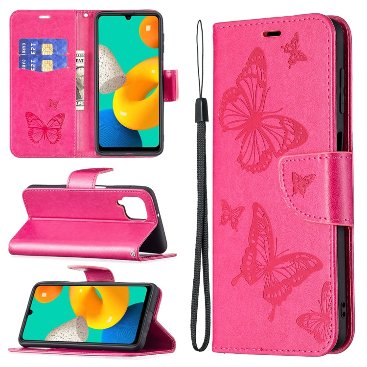 Embossing Two Butterflies Pattern Horizontal Flip PU Leather Case with Holder & Card Slot & Wallet & Lanyard, For Samsung Galaxy M32