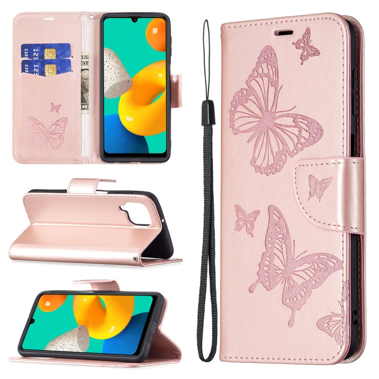 Embossing Two Butterflies Pattern Horizontal Flip PU Leather Case with Holder & Card Slot & Wallet & Lanyard, For Samsung Galaxy M32