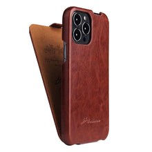 Load image into Gallery viewer, Fierre Shann Retro Oil Wax Texture Vertical Flip PU Leather Case, For iPhone 13 Pro Max, For iPhone 13 Pro, For iPhone 13, For iPhone 13 mini