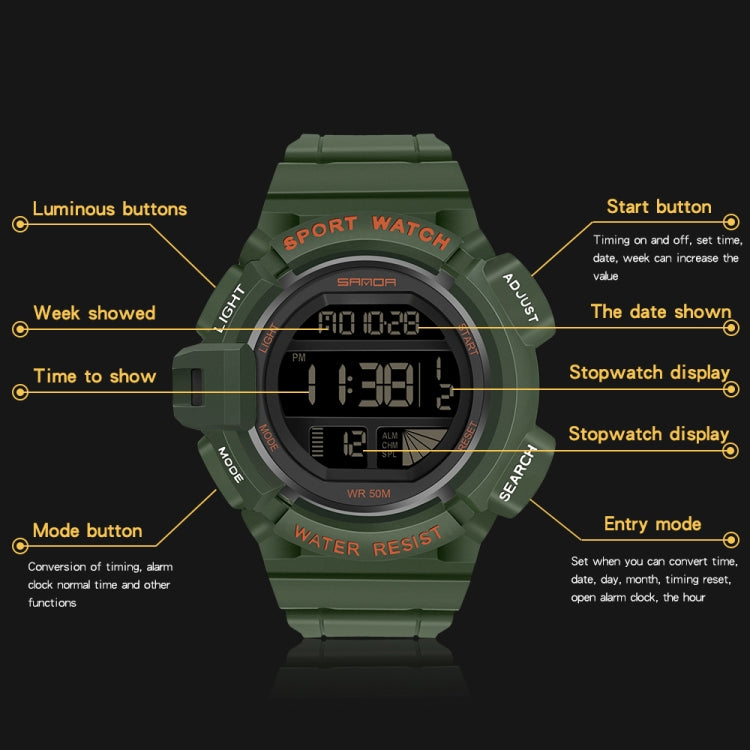 SANDA 2106 LED Digital Display Luminous Alarm Clock Men Outdoor Sports Electronic Watch