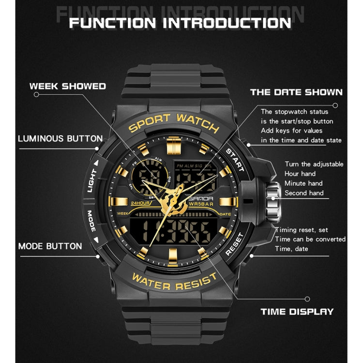 SANDA 6025 Dual Time Digital Display Luminous Calendar Waterproof Multifunctional Men Sports Quartz Watch
