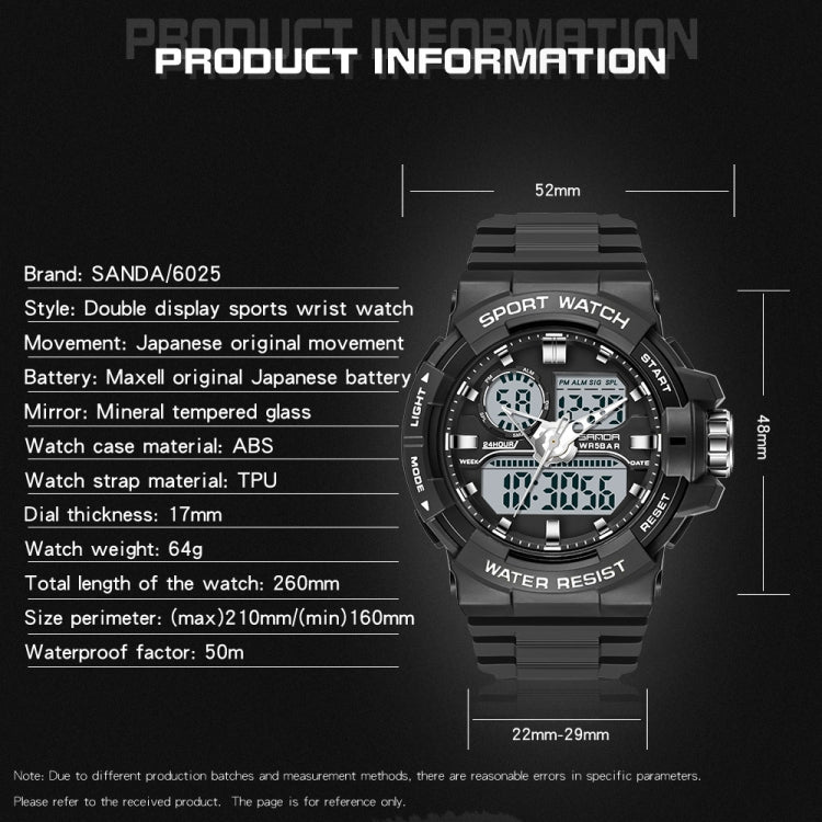 SANDA 6025 Dual Time Digital Display Luminous Calendar Waterproof Multifunctional Men Sports Quartz Watch