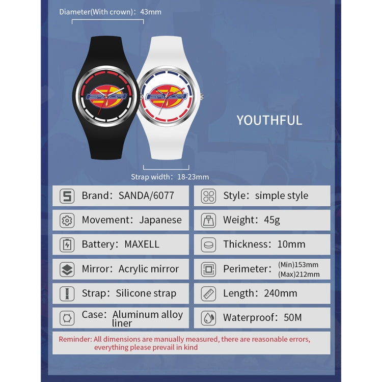 SANDA 6077 Simple Icon Round Dial Ladies Silicone Strap Quartz Watch