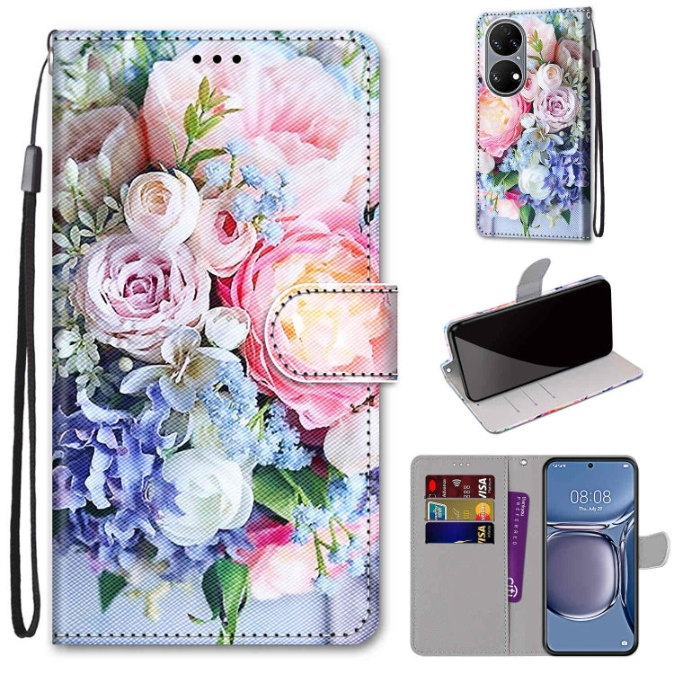 Coloured Drawing Cross Texture Horizontal Flip PU Leather Case with Holder & Card Slots & Wallet & Lanyard, For Huawei P50, For Huawei P50 Pro
