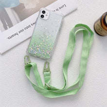 Load image into Gallery viewer, Gradient Glitter Powder Epoxy TPU Thickened Acrylic Shockproof Case with Wide Neck Lanyard, For iPhone 13, For iPhone 13 Pro, For iPhone 13 Pro Max, For iPhone 12 / 12 Pro, For iPhone 12 Pro Max, For iPhone 11, For iPhone 11 Pro, For iPhone 11 Pro Max