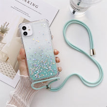 Load image into Gallery viewer, Gradient Glitter Powder Epoxy TPU Thickened Acrylic Shockproof Case with Round Neck Lanyard, For iPhone 13, For iPhone 13 Pro, For iPhone 13 Pro Max, For iPhone 12 / 12 Pro, For iPhone 12 Pro Max, For iPhone 11, For iPhone 11 Pro, For iPhone 11 Pro Max...