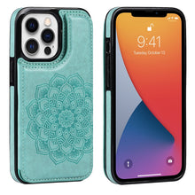 Load image into Gallery viewer, Double Buckle Mandala Pattern PU+TPU Protective Case with Card Slots &amp; Holder &amp; Photo Frame, For iPhone 13 mini, For iPhone 13, For iPhone 13 Pro, For iPhone 13 Pro Max