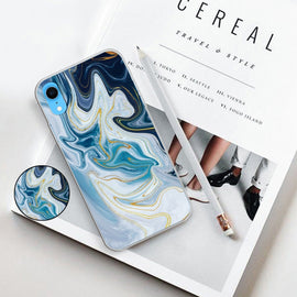 Embossed Varnished Marble TPU Protective Case with Holder, For iPhone XR