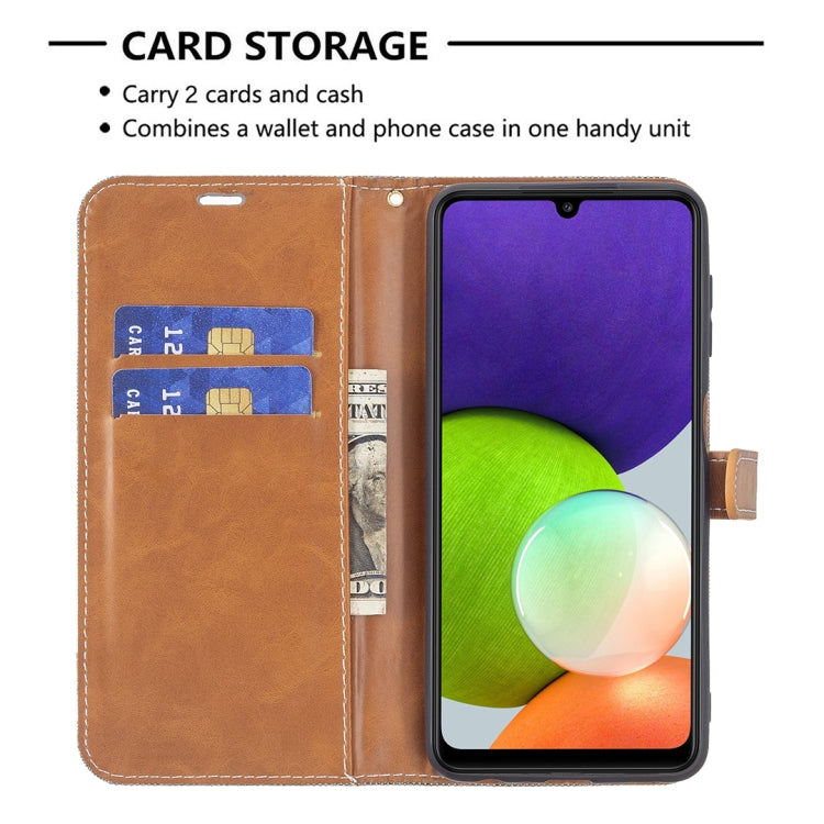 Color Matching Denim Texture Horizontal Flip Leather Phone Case with Holder & Card Slots & Wallet & Lanyard, For Samsung Galaxy A22 4G