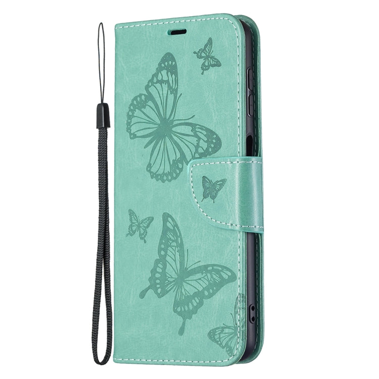 Embossing Two Butterflies Pattern Horizontal Flip Leather Phone Case with Holder & Card Slot & Wallet & Lanyard, For Samsung Galaxy A22 4G