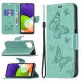 Embossing Two Butterflies Pattern Horizontal Flip Leather Phone Case with Holder & Card Slot & Wallet & Lanyard, For Samsung Galaxy A22 4G