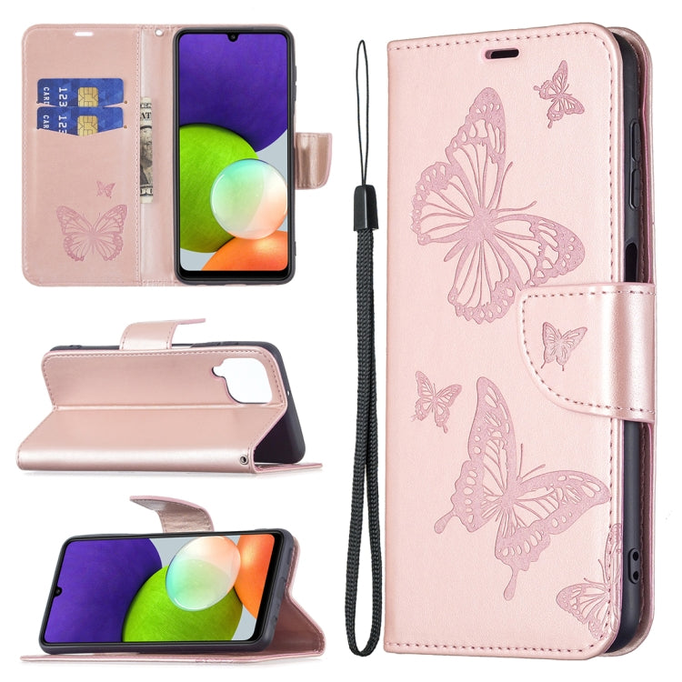 Embossing Two Butterflies Pattern Horizontal Flip Leather Phone Case with Holder & Card Slot & Wallet & Lanyard, For Samsung Galaxy A22 4G