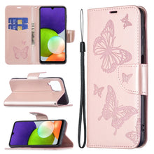 Load image into Gallery viewer, Embossing Two Butterflies Pattern Horizontal Flip Leather Phone Case with Holder &amp; Card Slot &amp; Wallet &amp; Lanyard, For Samsung Galaxy A22 4G