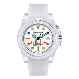 SANDA 6078 Fluorescent Calendar Dial Transparent Strap Quartz Watch for Women