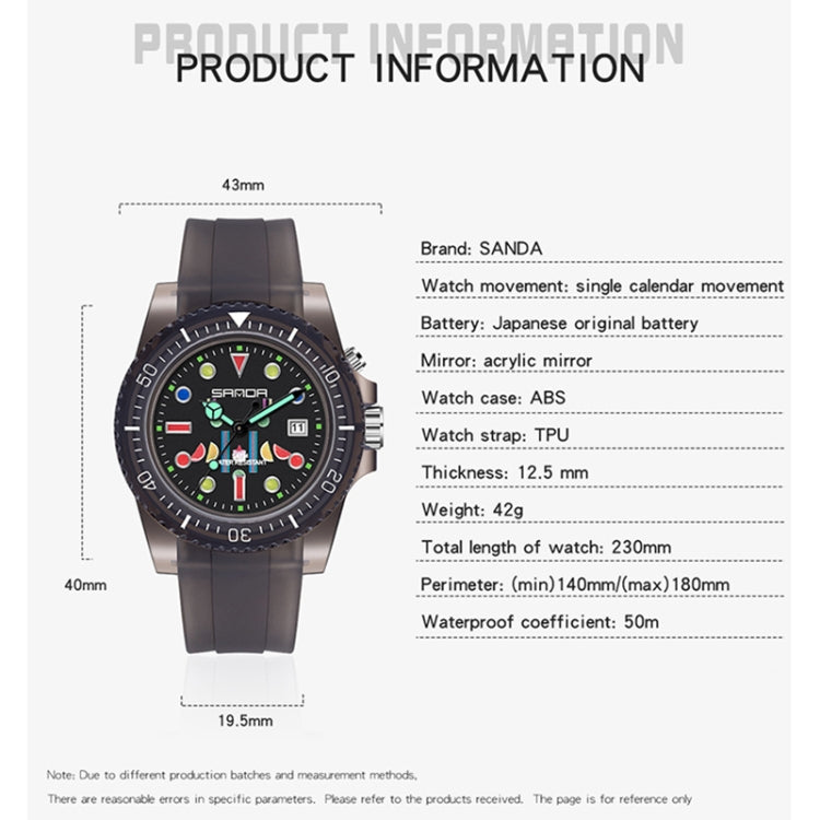 SANDA 6078 Fluorescent Calendar Dial Transparent Strap Quartz Watch for Women