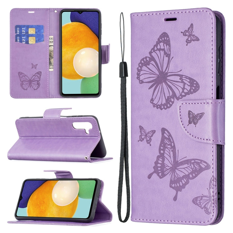 Embossing Two Butterflies Pattern Leather Phone Case with Holder & Card Slot & Wallet & Lanyard, For Samsung Galaxy A13 5G, For Samsung Galaxy S22 Ultra 5G, For Samsung Galaxy S22+ 5G, For Samsung Galaxy S22 5G