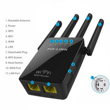 Load image into Gallery viewer, Wireless Smart WiFi Router Repeater with 4 WiFi Antennas, EU Plug Black, EU Plug White, UK Plug Black, UK Plug White, US Plug Black, US Plug White