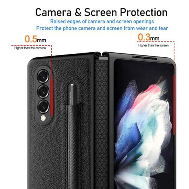 Litchi Texture Hinge Protection Folding Phone Case with Pen Cover, For Samsung Galaxy Z Fold3 5G
