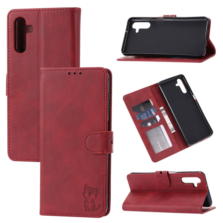 Embossed Happy Cat Pattern Leather Phone Case, For Samsung Galaxy S22 Ultra 5G, For Samsung Galaxy A13 5G, For Samsung Galaxy A33 5G, For Samsung Galaxy A53