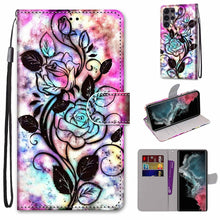 Load image into Gallery viewer, Coloured Drawing Cross Texture Horizontal Flip Leather Phone Case with Holder &amp; Card Slots &amp; Wallet &amp; Lanyard, For Samsung Galaxy S22 Ultra 5G