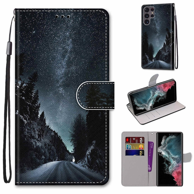 Coloured Drawing Cross Texture Horizontal Flip Leather Phone Case with Holder & Card Slots & Wallet & Lanyard, For Samsung Galaxy S22 Ultra 5G