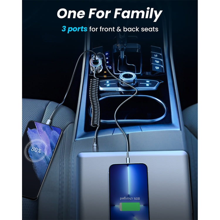 JOYROOM JR-CL07 3 in 1 72W PD USB-C / Type-C + USB Interface Car Charger with USB-C / Type-C Spring Data Cable, JR-CL07